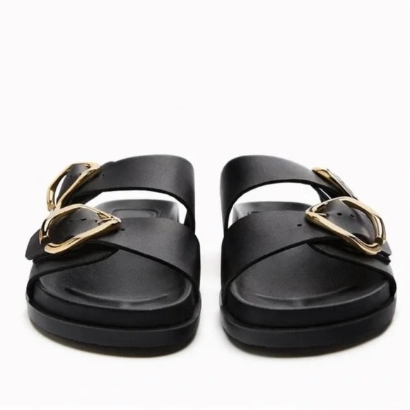 Zara Buckled Flat Leather Black Sandals Woman’s Size 9 - Picture 8 of 10